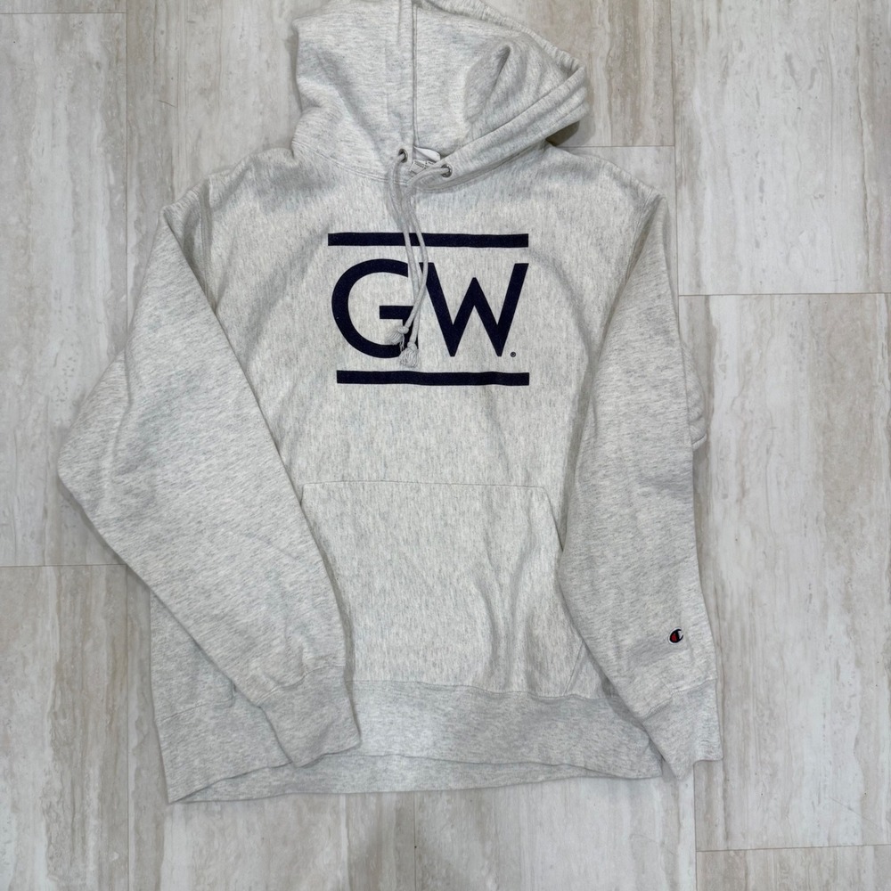 GW George Washington University Champion Reverse Weave Hoodie Gray Navy Large - Picture 1 of 5